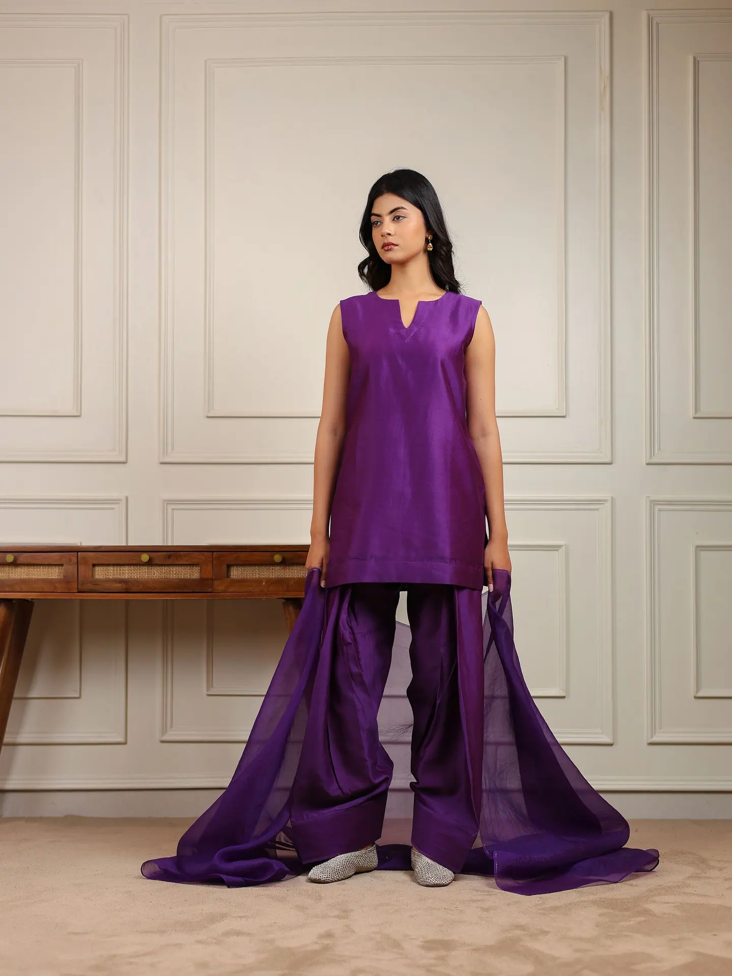 Aubergine Farsi suit with dupatta spread wide, full length