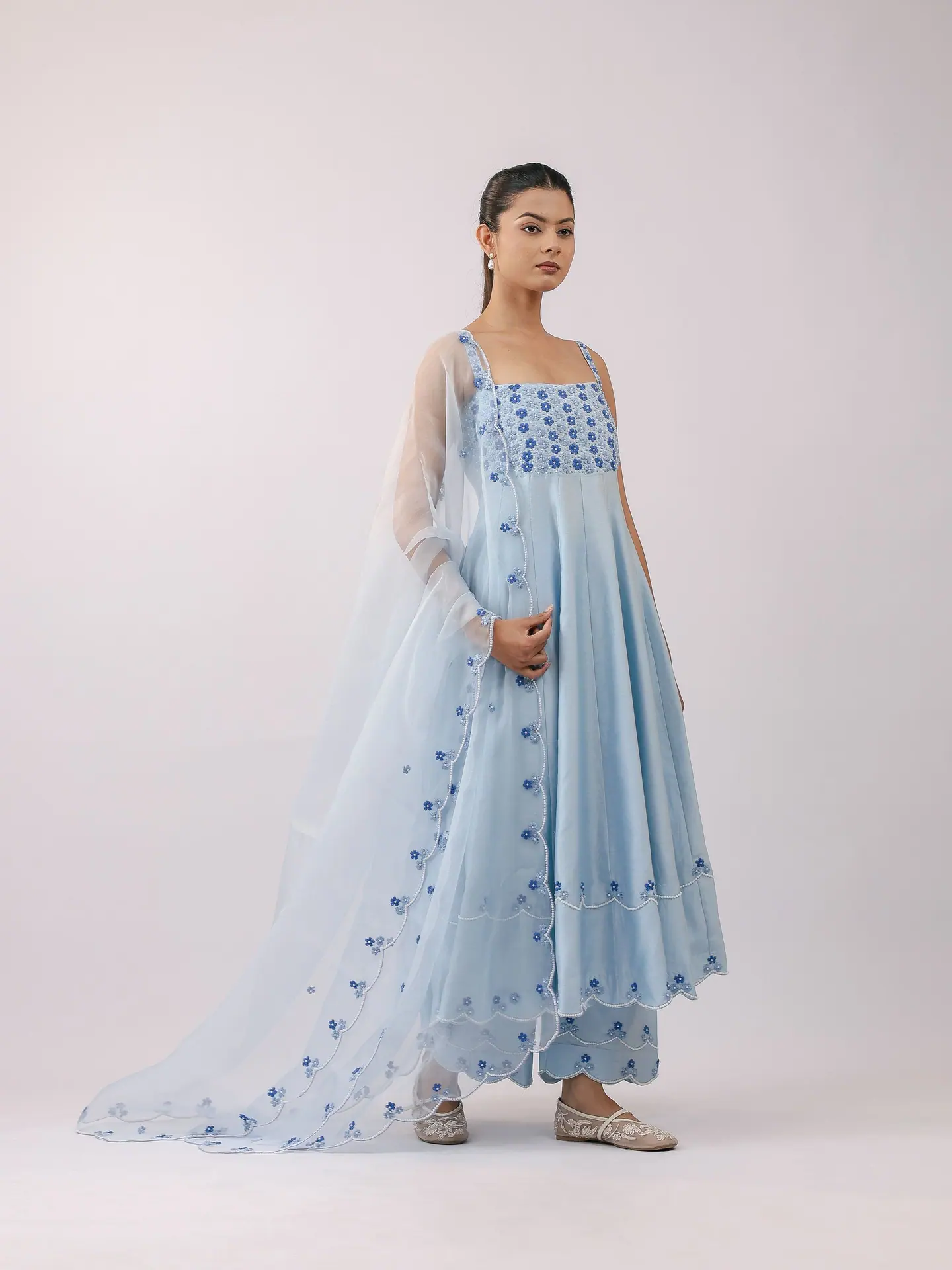Powder-blue anarkali with sheer dupatta, full length