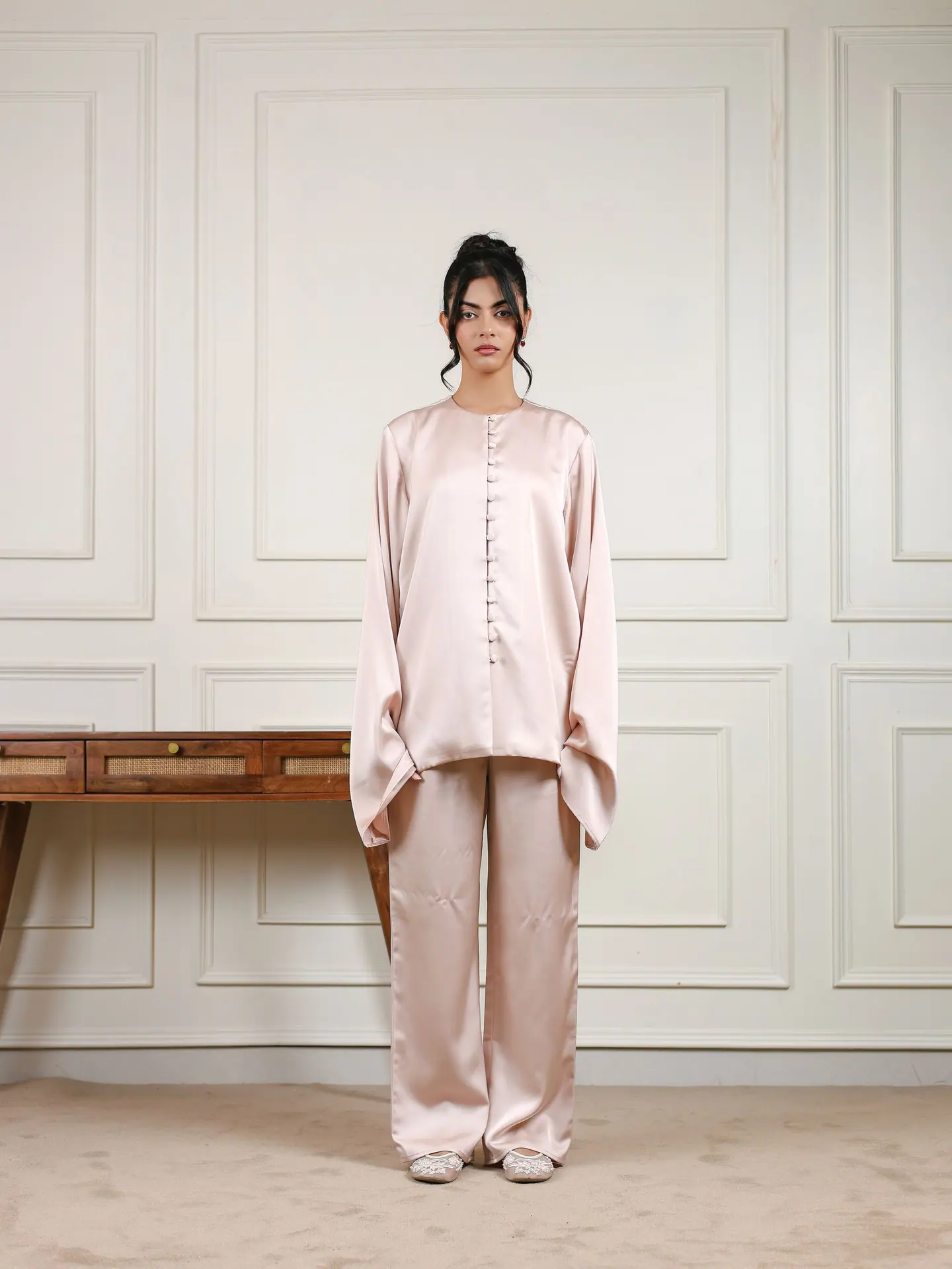 Champagne satin shirt with bell sleeves and straight pants, full length