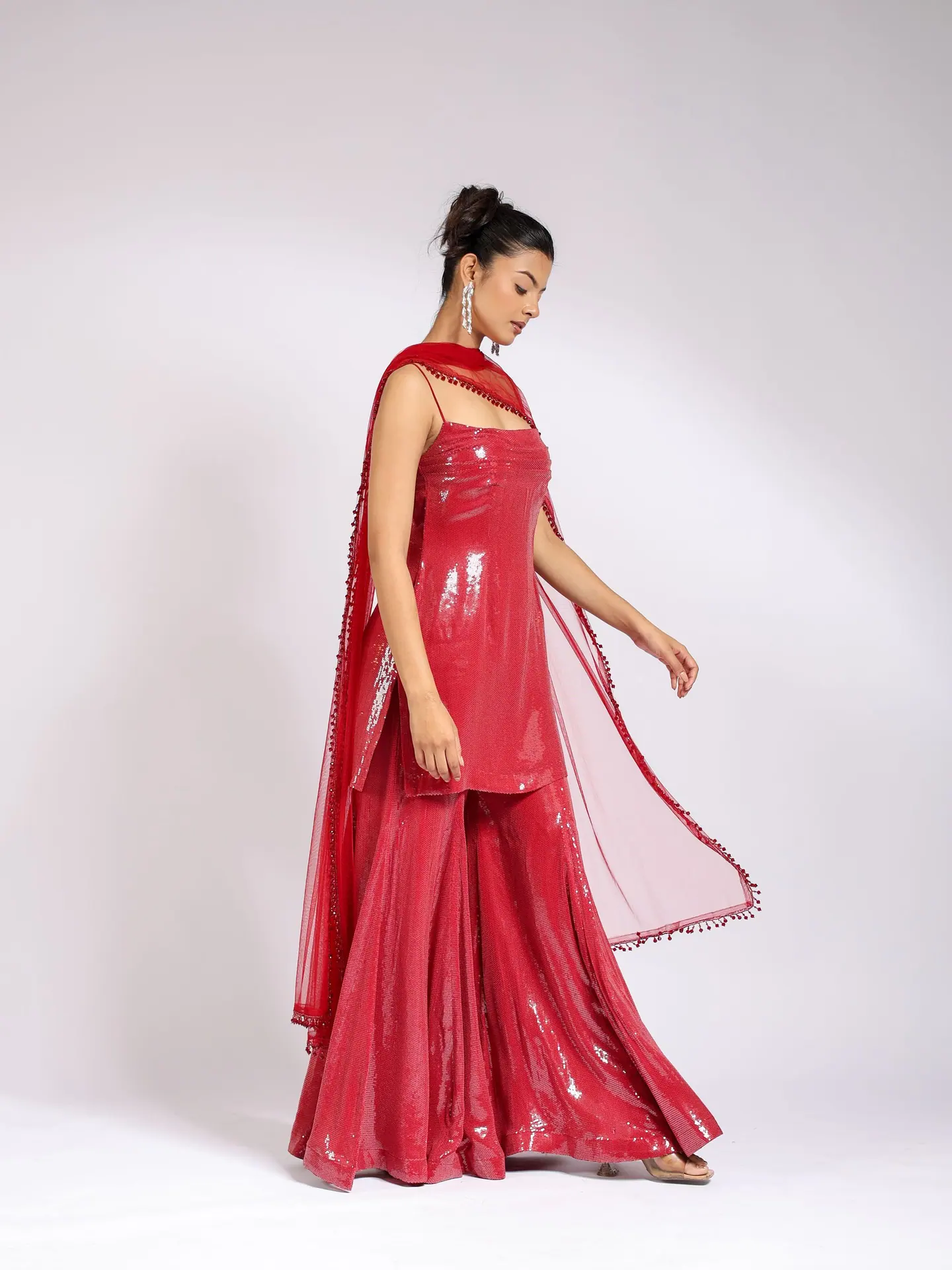 Crimson sequin kurta and sharara with a beaded net dupatta, full length