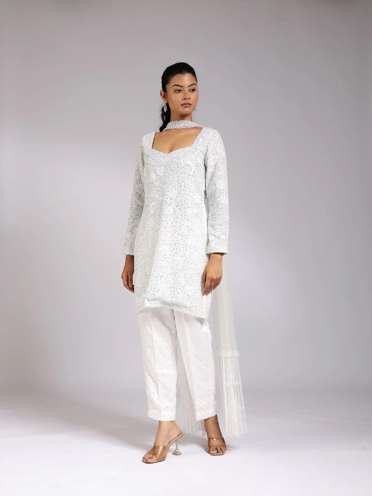 White sequinned chikankari kurta with straight pants, full length