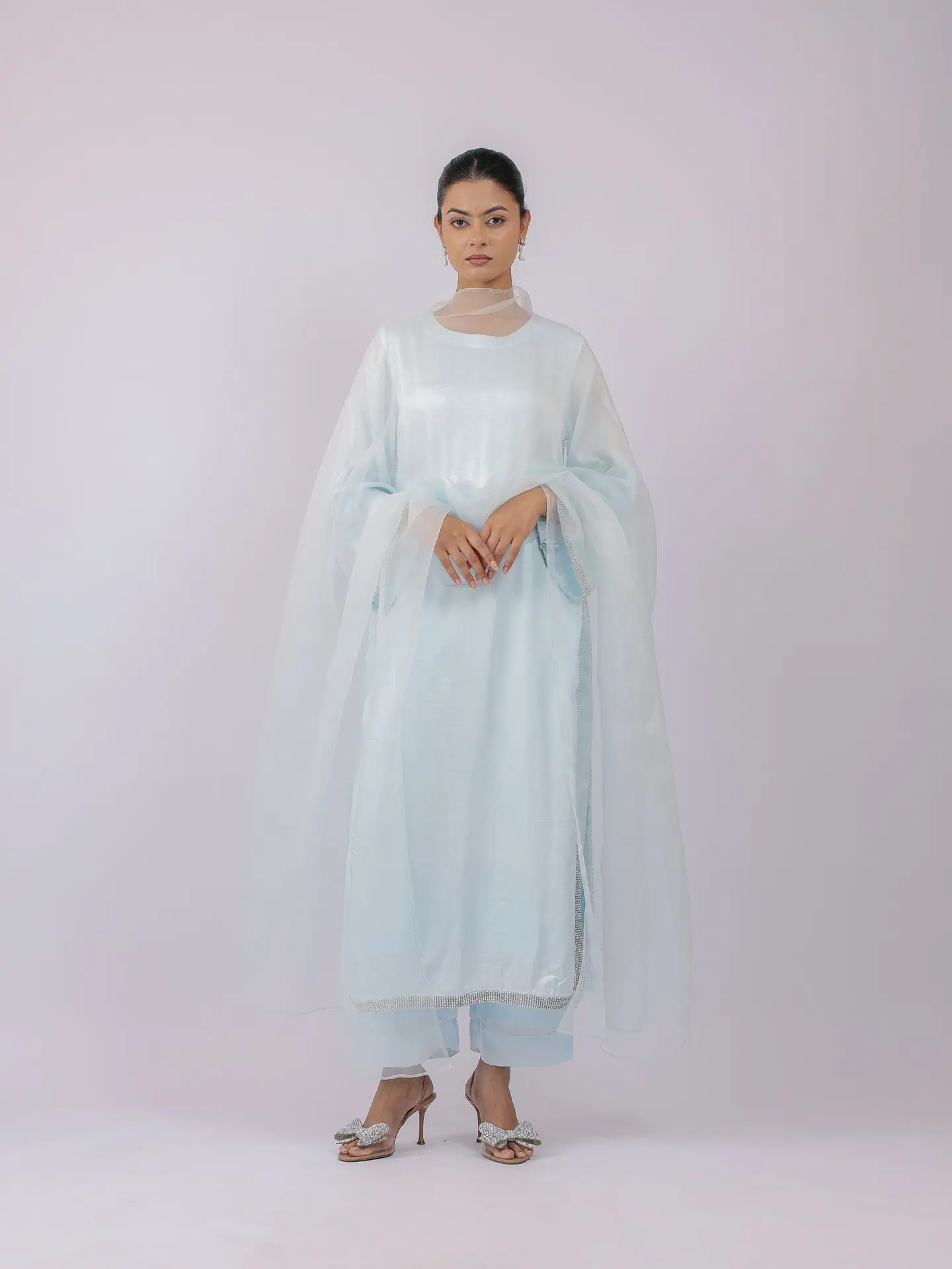 Ice-blue satin kurta with sheer dupatta, full length