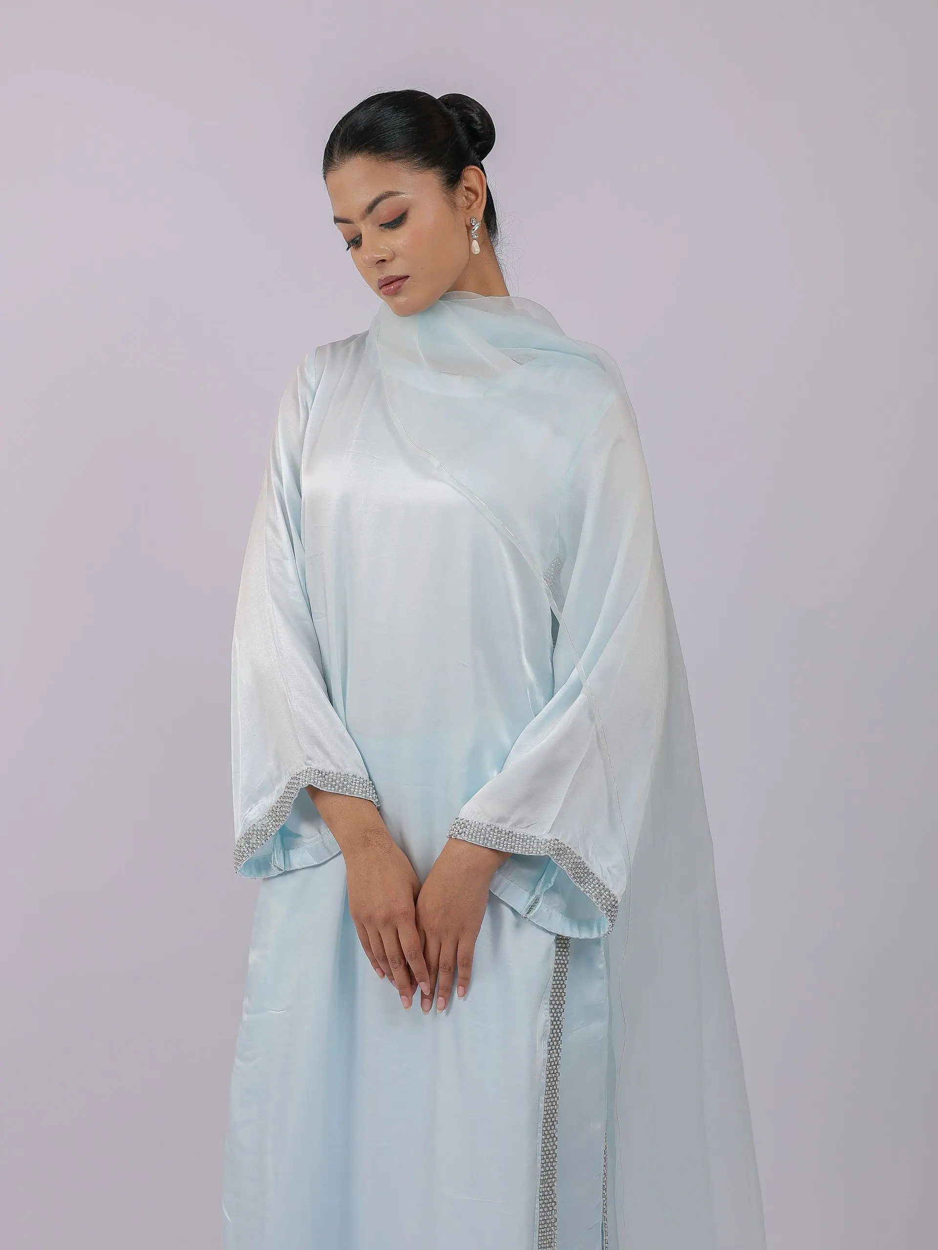 Ice-blue satin kurta, waist-up