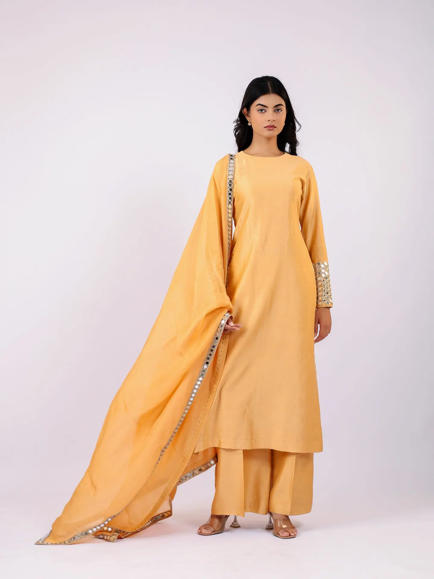 Marigold kurta set with mirror-work dupatta, full length