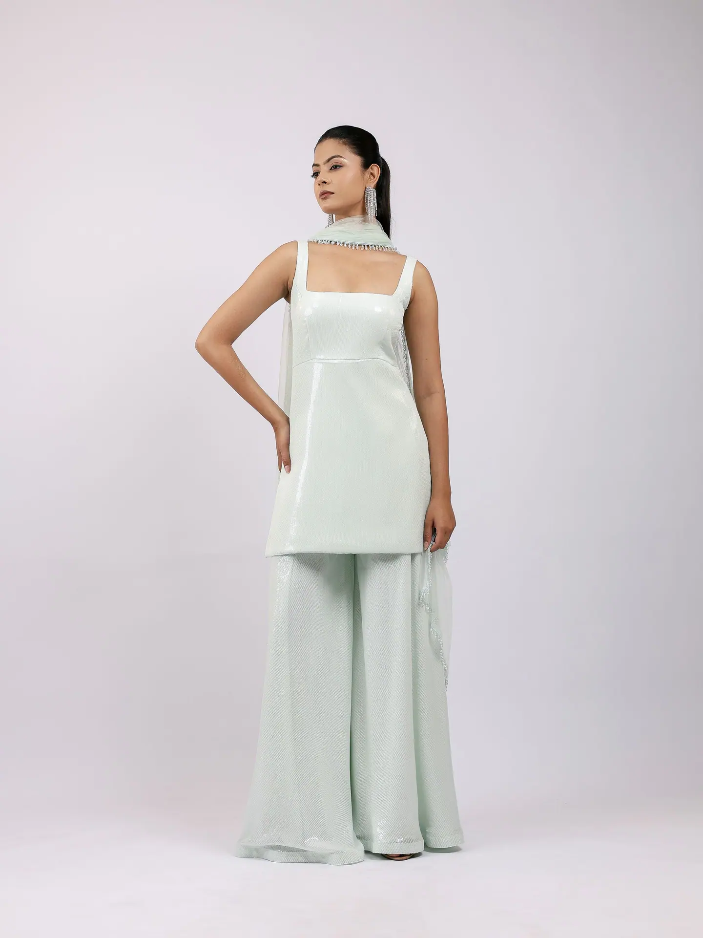 Mint sequin kurta with flared sharara and crystal-edged dupatta, full length