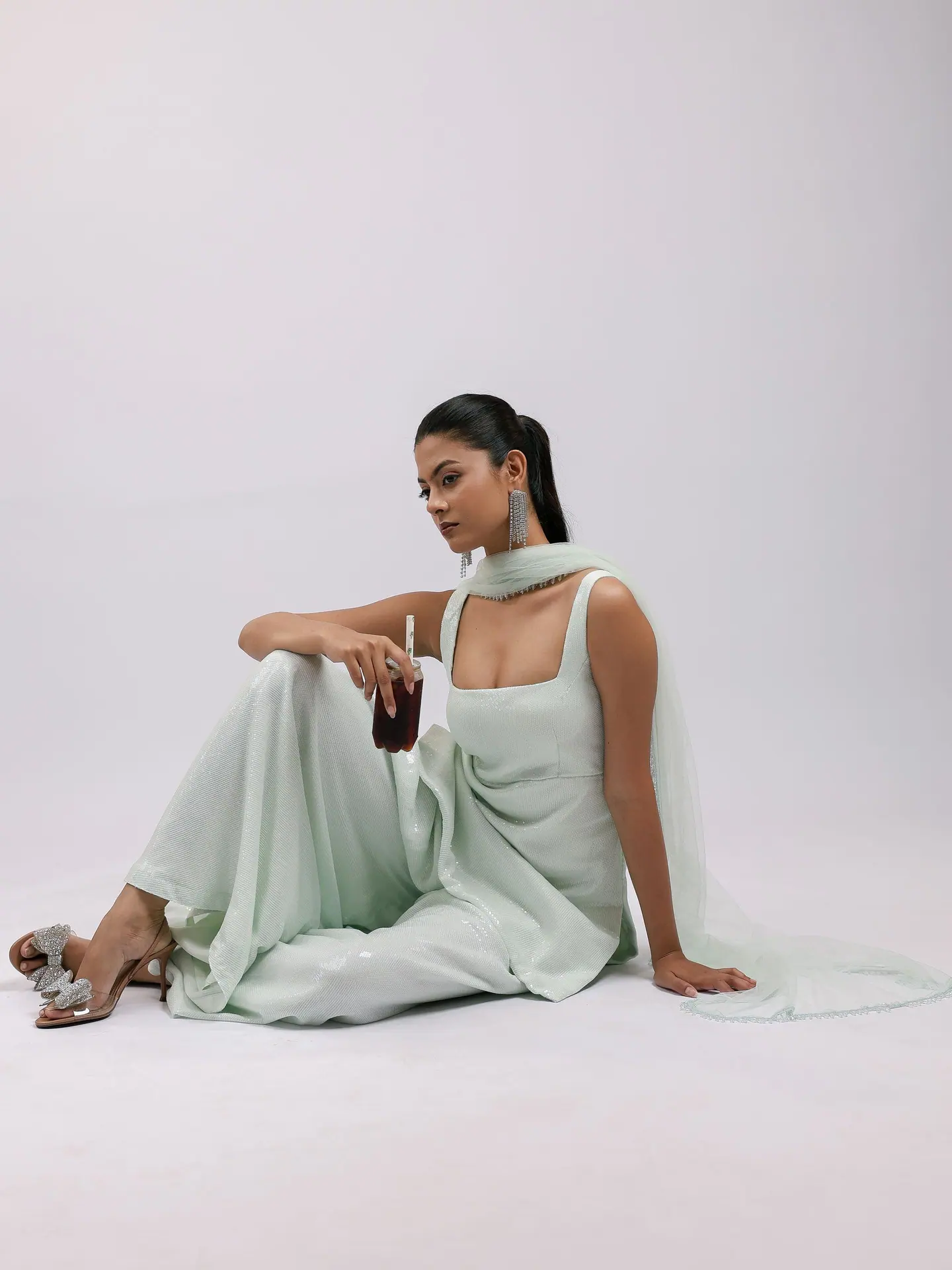 Mint sequin set, reclining pose