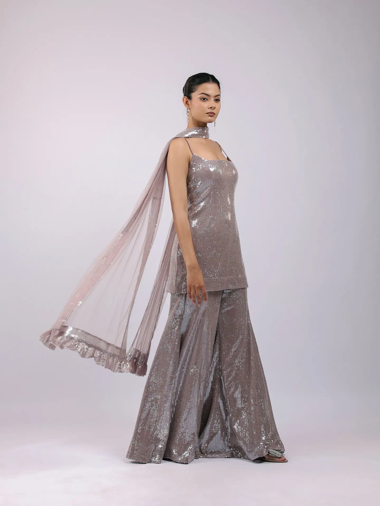 Pewter sequin kurta and sharara with sheer dupatta, full length