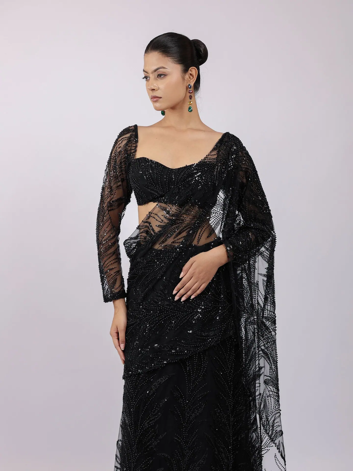 Black sequin saree, waist-up