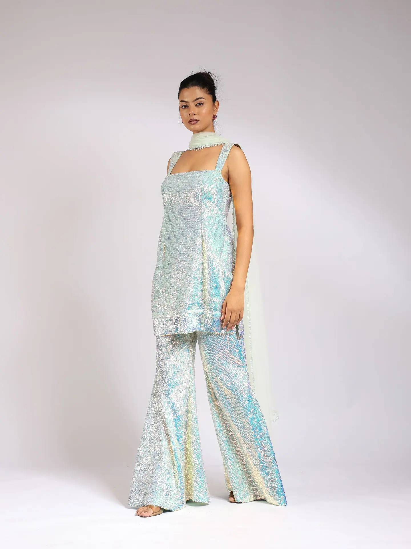 Iridescent aqua sequin kurta with matching flared pants, full length